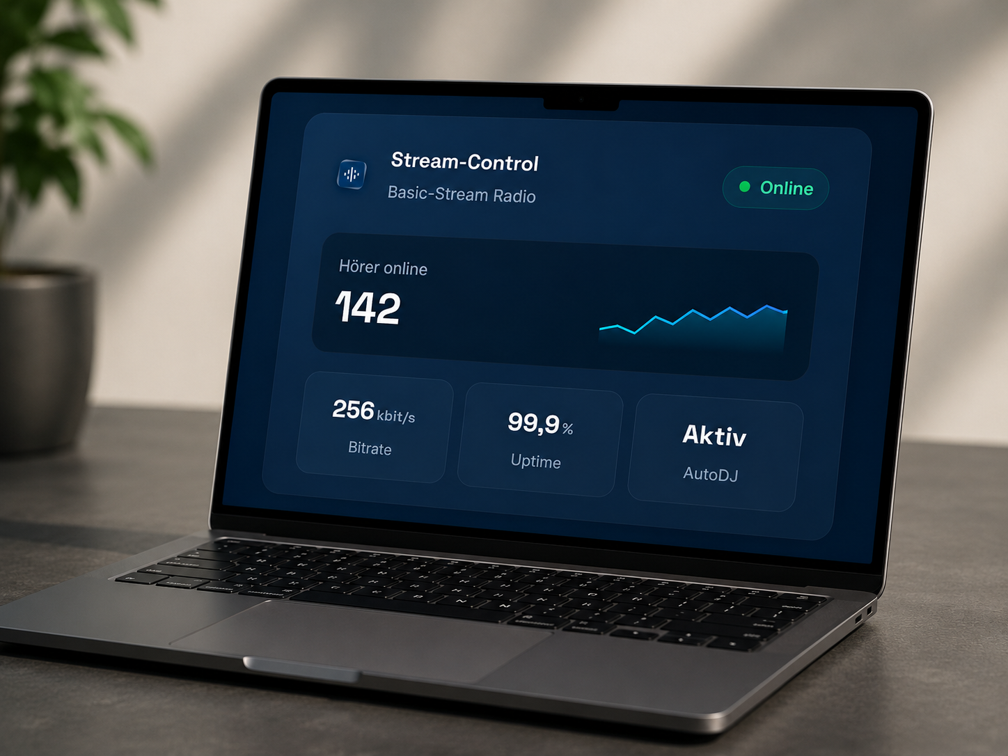 Basic-Stream Stream-Control Dashboard auf einem Laptop